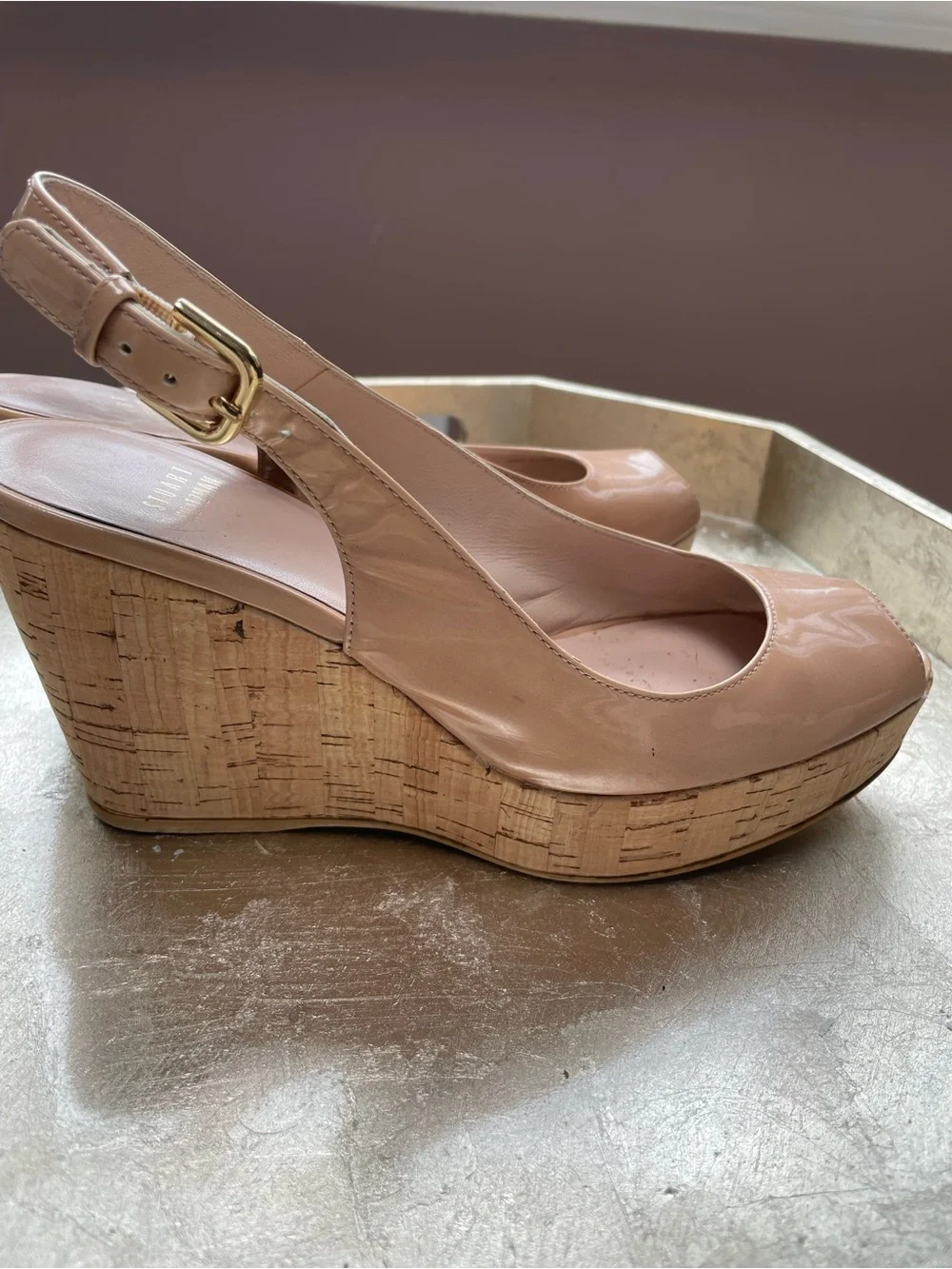 Stuart Weitzman Nude Patent Peep-Toe Cork Wedge Slingbacks